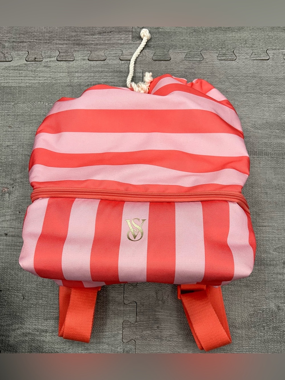 VS Pink/White Striped Canvas Drawstring Backpack Adjustable Strap